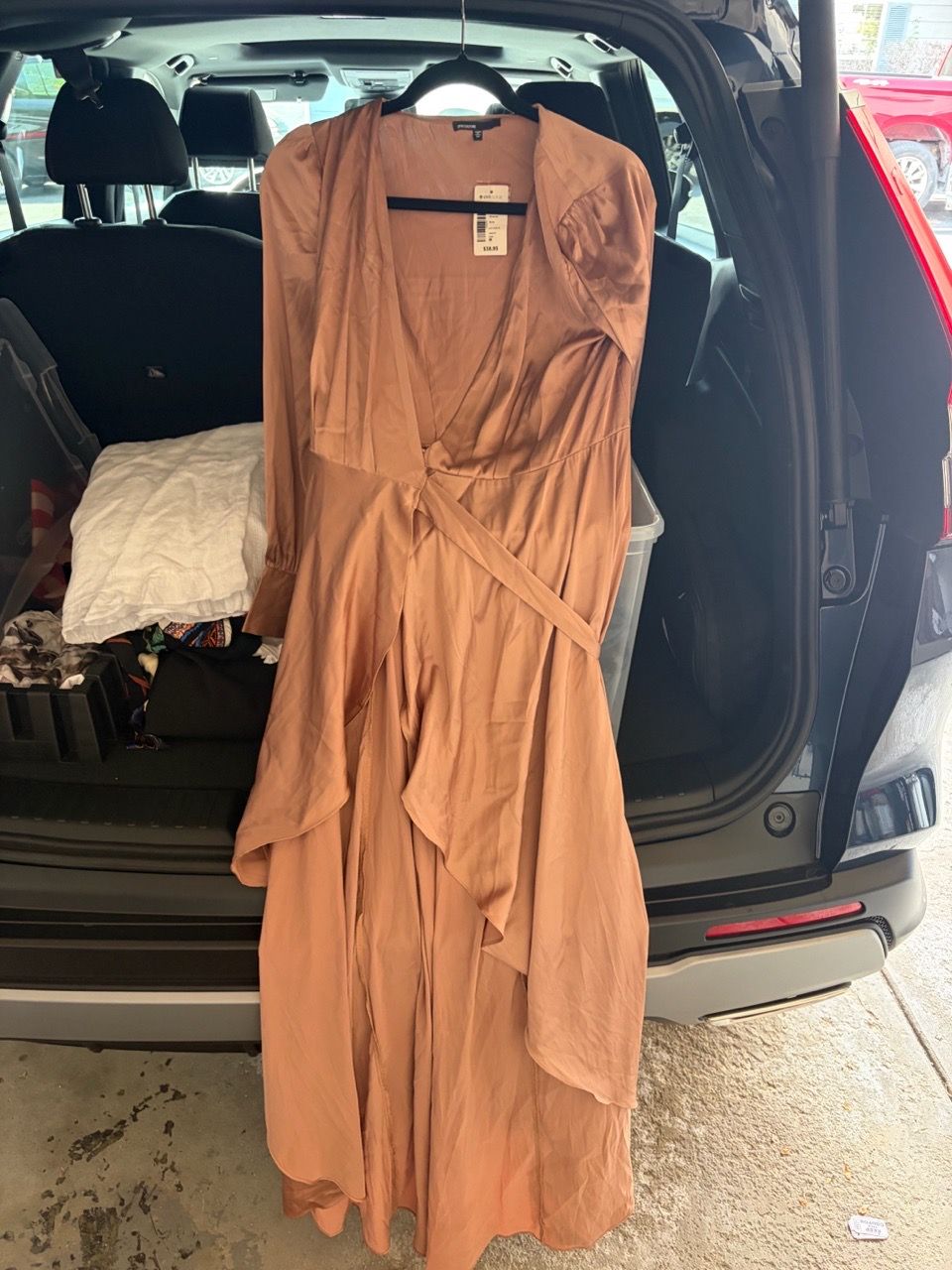 Tan- Gold Wrap Midi Dress with Long Sleeves