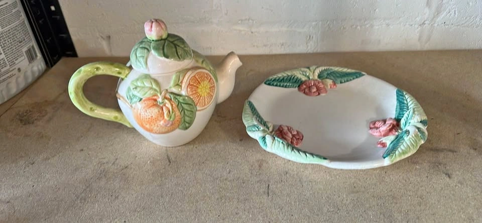 Ceramic Orange Blossom Teapot Set and Decorative Serving Plate