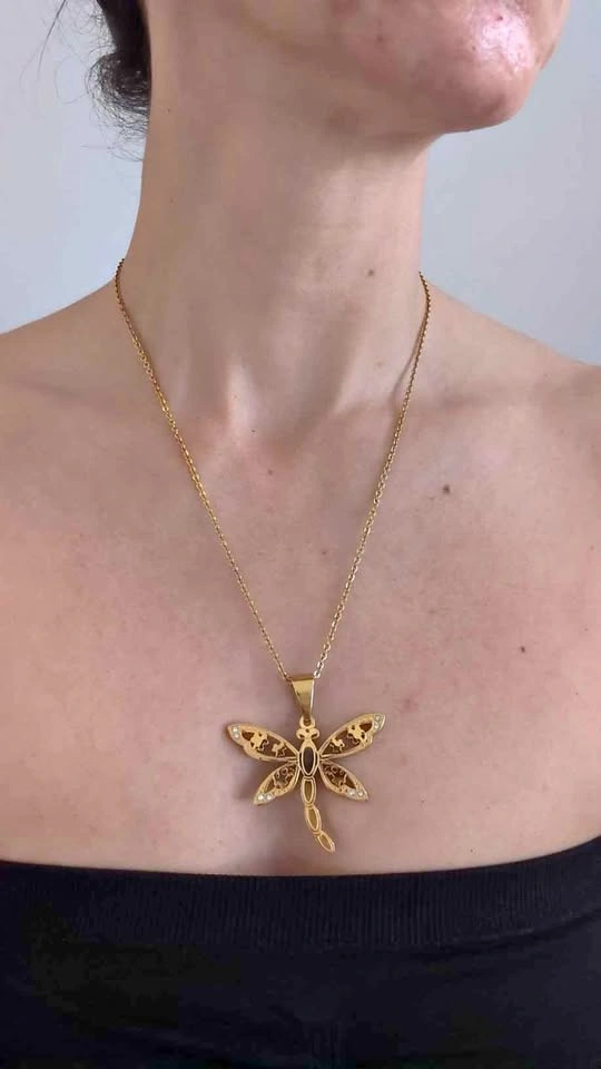 Gold-Tone Dragonfly Pendant Necklace with Rhinestones