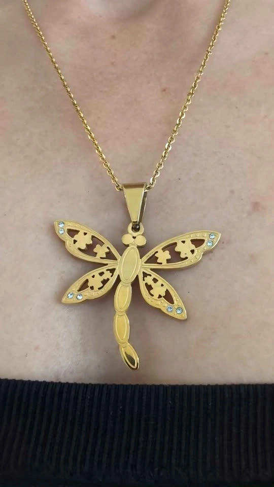 Gold-Tone Dragonfly Pendant Necklace with Rhinestones - photo 2