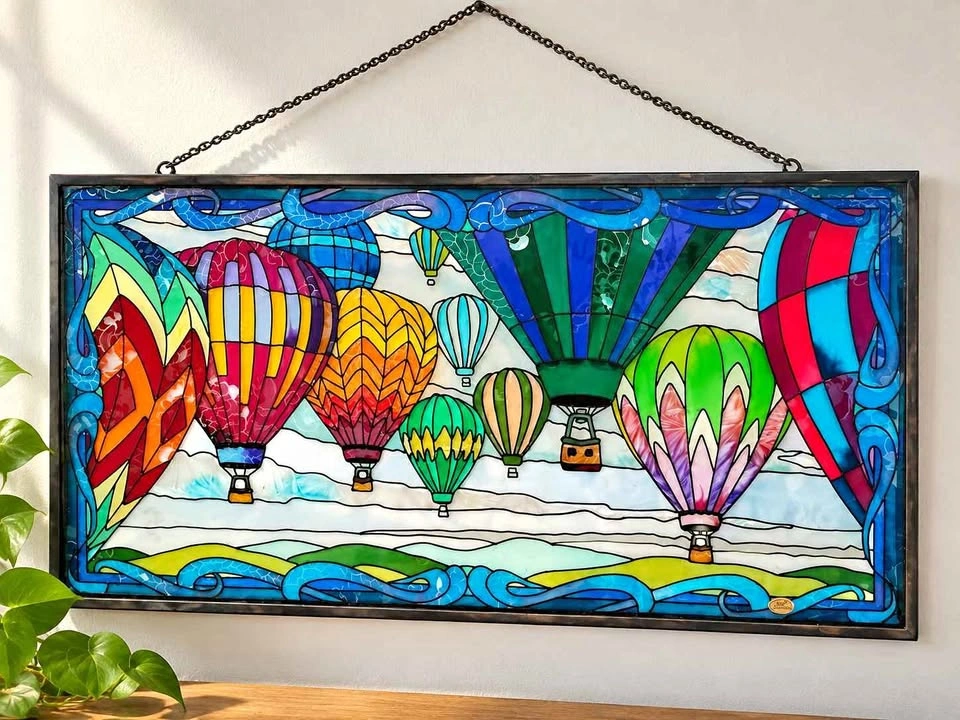 Joan Baker Designs Hand-Painted Art Glass Hot Air Balloon Window