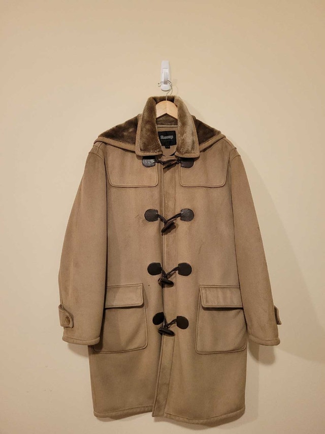 Men's Romp Tan Hooded Duffle Coat Faux Fur Collar Size Large