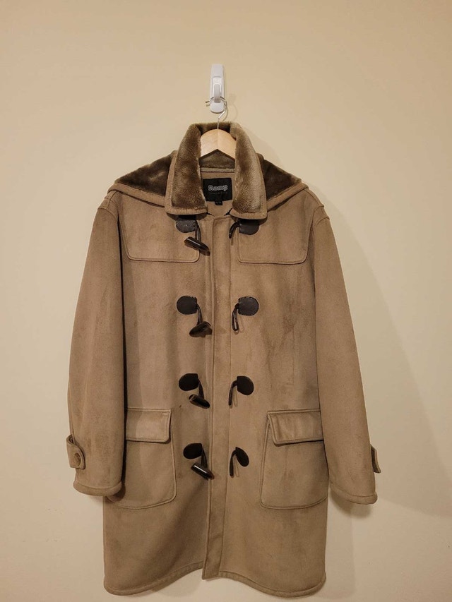 Men's Romp Tan Hooded Duffle Coat Faux Fur Collar Size Large - photo 2