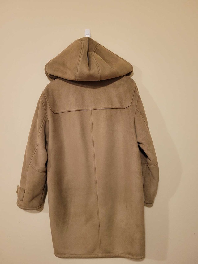 Men's Romp Tan Hooded Duffle Coat Faux Fur Collar Size Large - photo 3
