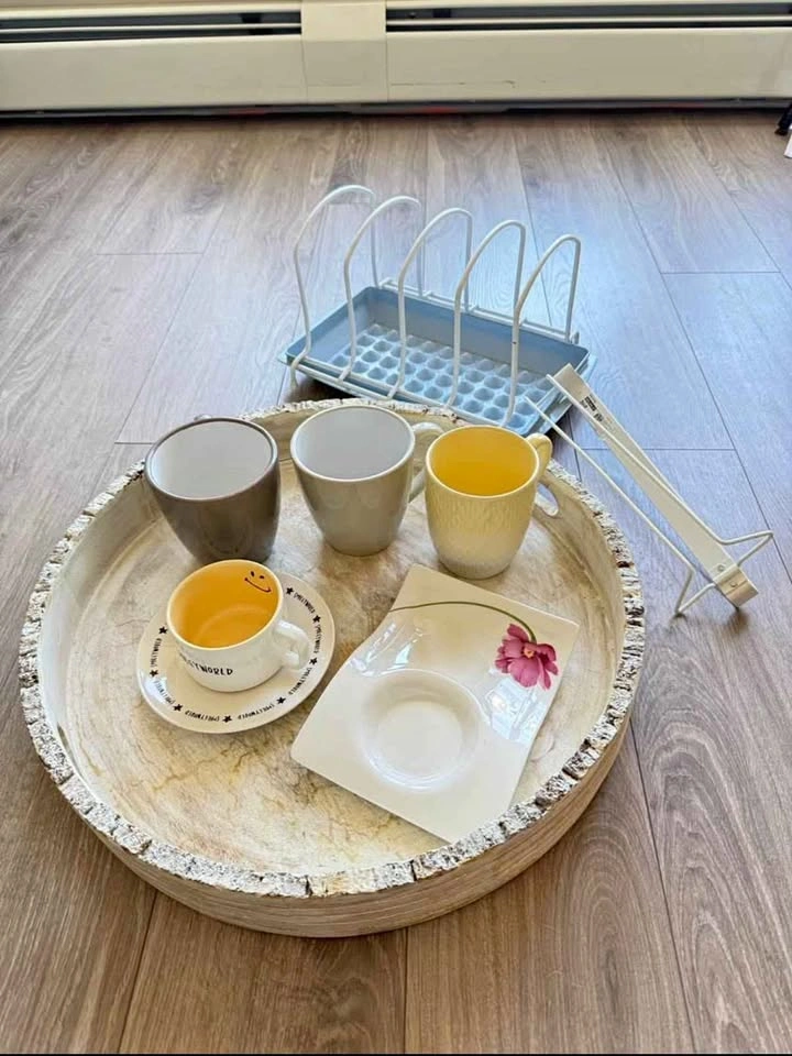 Large Wooden Tray and Assorted Mug Set