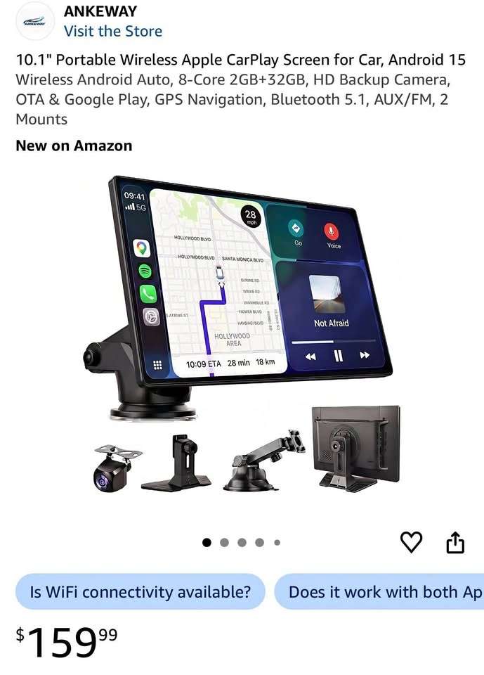 10.1" Portable Wireless Apple CarPlay Screen, Android 15