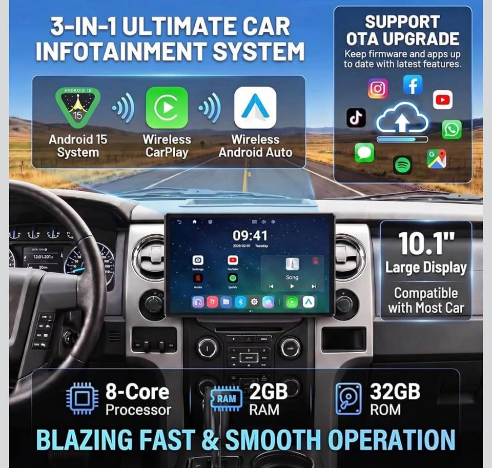 10.1" Portable Wireless Apple CarPlay Screen, Android 15 - photo 2