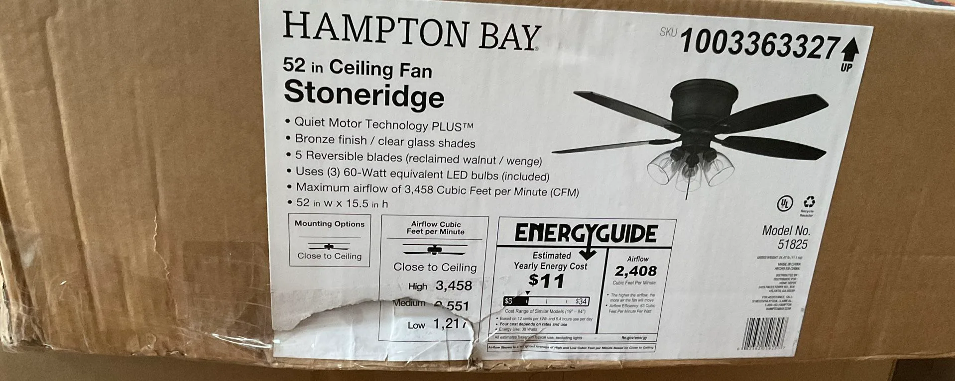 Hampton Bay 52 in. LED Bronze Hugger Ceiling Fan - New thumbnail