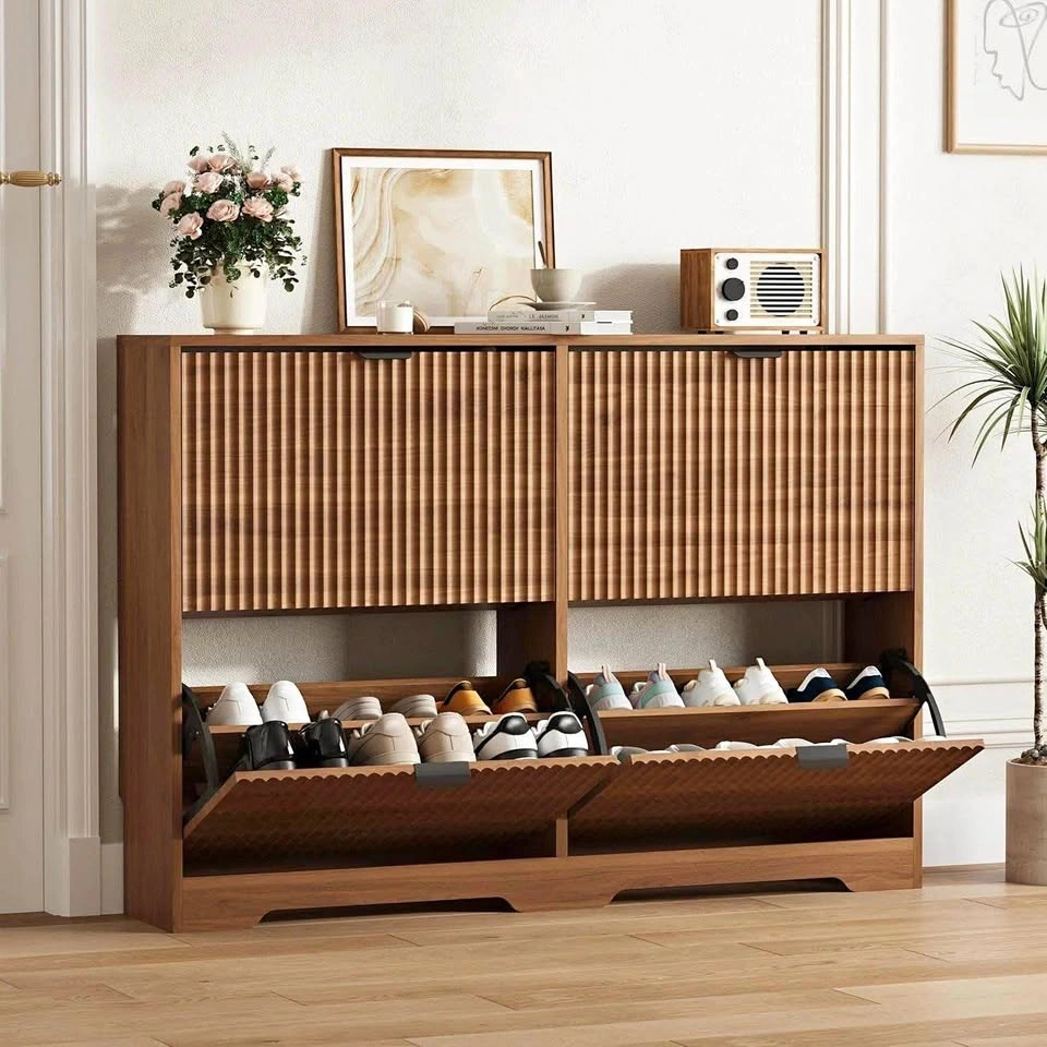 Walnut-Look Fluted Shoe Cabinet with 4 Flip Drawers