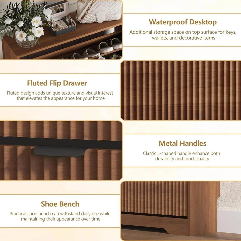 Walnut-Look Fluted Shoe Cabinet with 4 Flip Drawers - photo 3