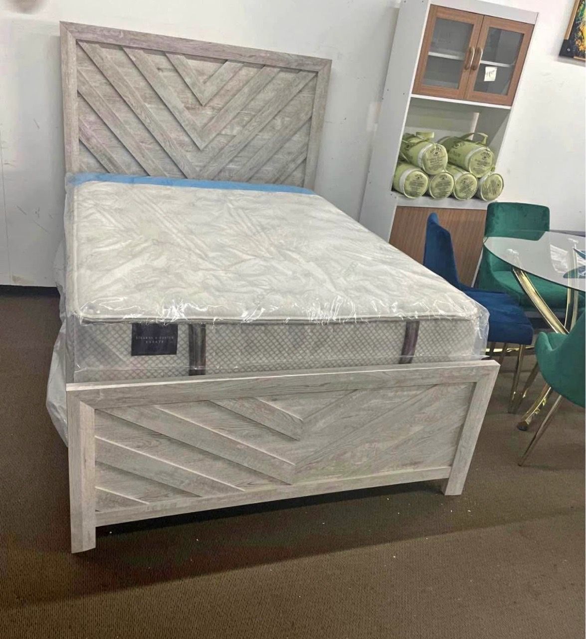 Twin Bed Frame with Chevron Headboard