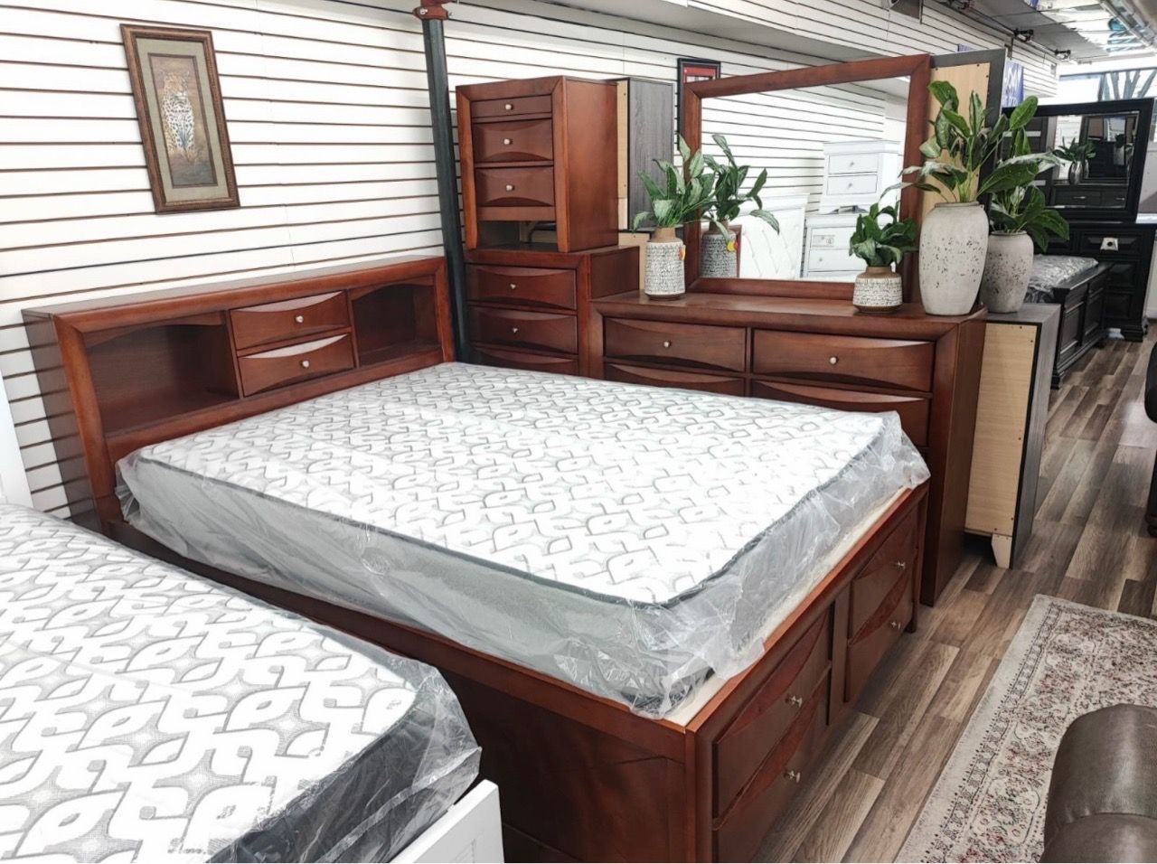 Cherry Wood Captain Bed with Storage and Dresser Set