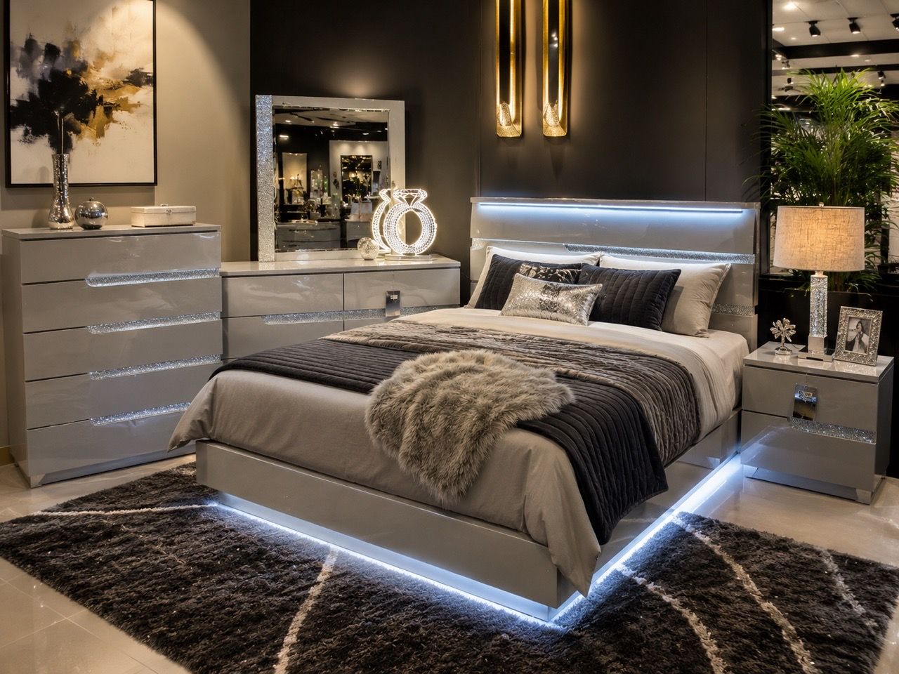 Modern Glam Bedroom Set with LED Lighting