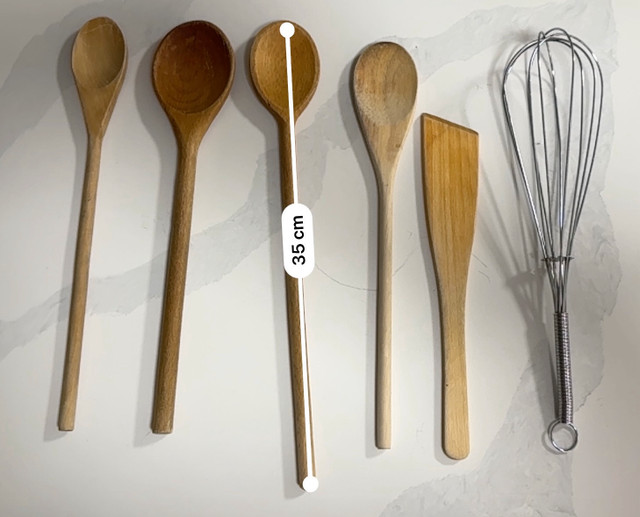 Utensil Wood Spoons and Wisk (Each: 1$, All: 5$)