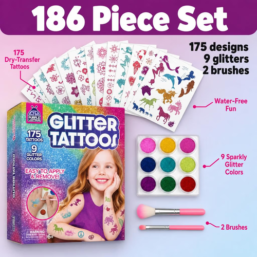 Glitter Tattoo Kit for Ages 6+, No Glue & Low Mess - photo 3