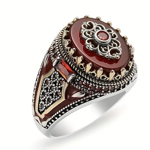 Vintage silvery crown ring, engraved eagle print red gemstones r - photo 2