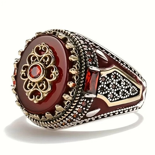 Vintage silvery crown ring, engraved eagle print red gemstones r - photo 3