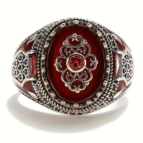 Vintage silvery crown ring, engraved eagle print red gemstones r - photo 4