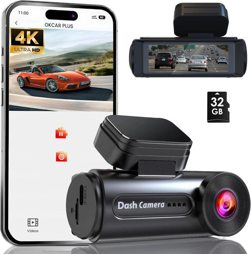 4K Dash Cam Front with Built-in WiFi, 32GB Card Included