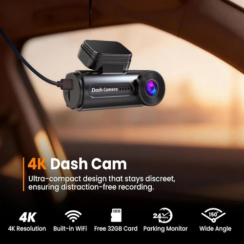 4K Dash Cam Front with Built-in WiFi, 32GB Card Included - photo 2