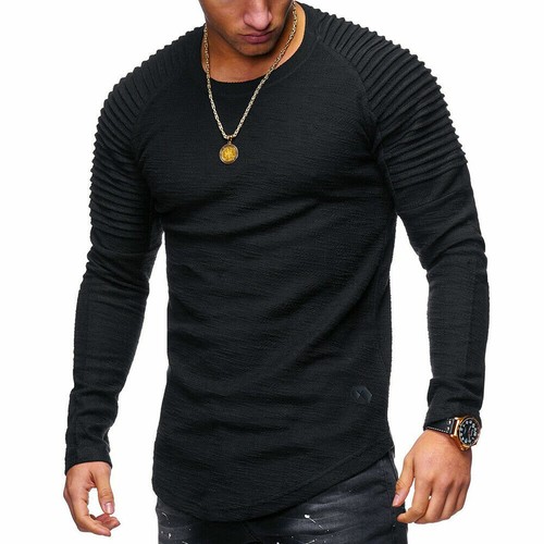 Mens Athletic Workout Long Sleeve Tee Black Muscle Gym L-XL