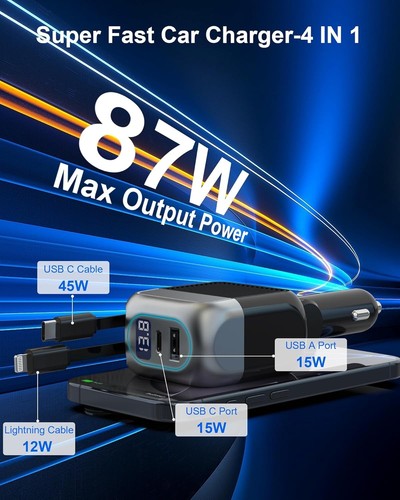 87W Retractable 4-in-1 Fast USB C Car Charger Adapter - photo 3