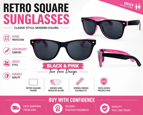 Men Women Retro Square Sunglasses Black Pink Two Tone