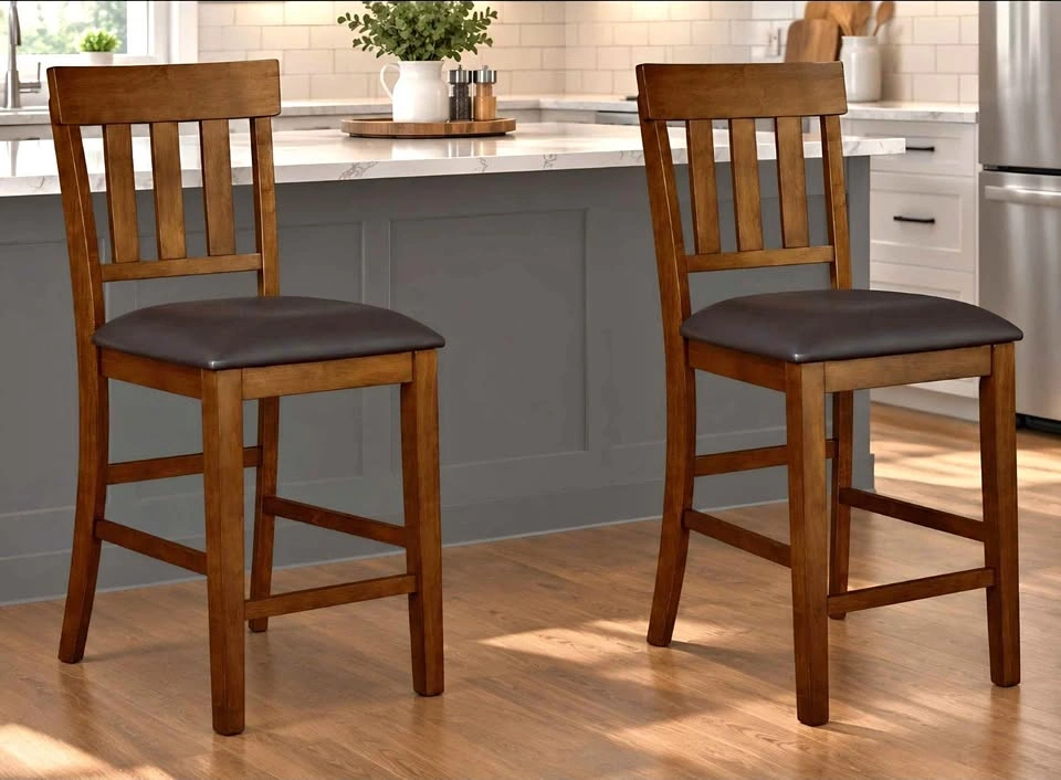 Set of 2 Upholstered Bar Stools Chairs, Medium Brown