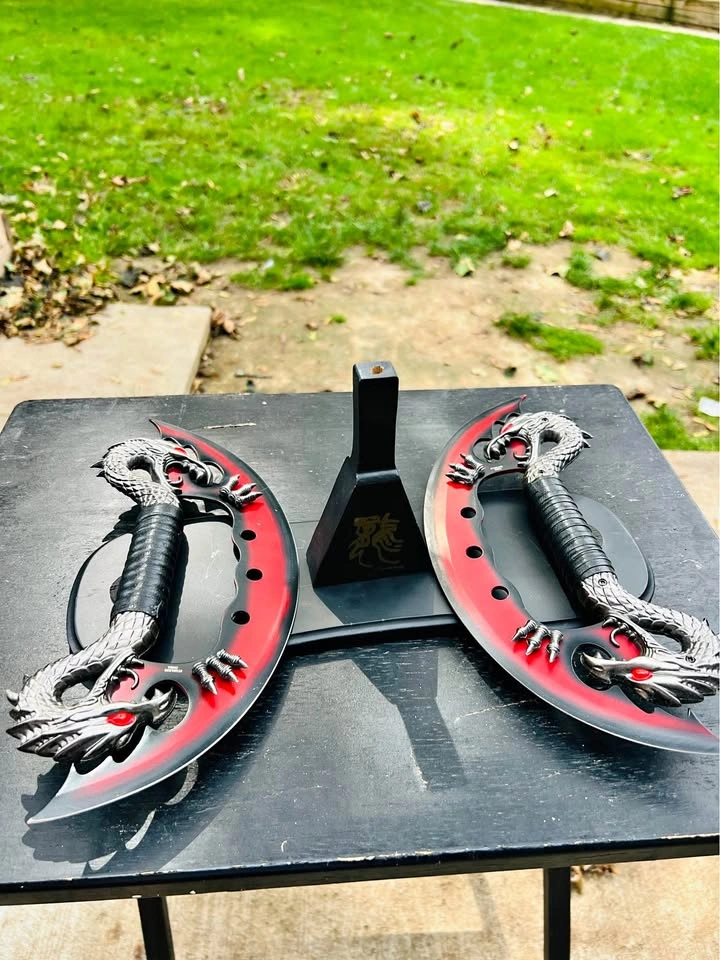 Pair of Fantasy Dragon Decorative Axes + Display Stand