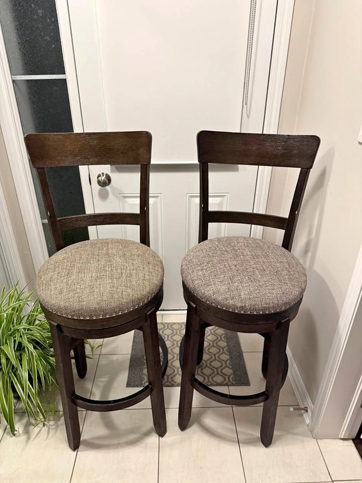 2 Modern Dark Wood Swivel Bar Stools (Fabric Seats) - Ashleys