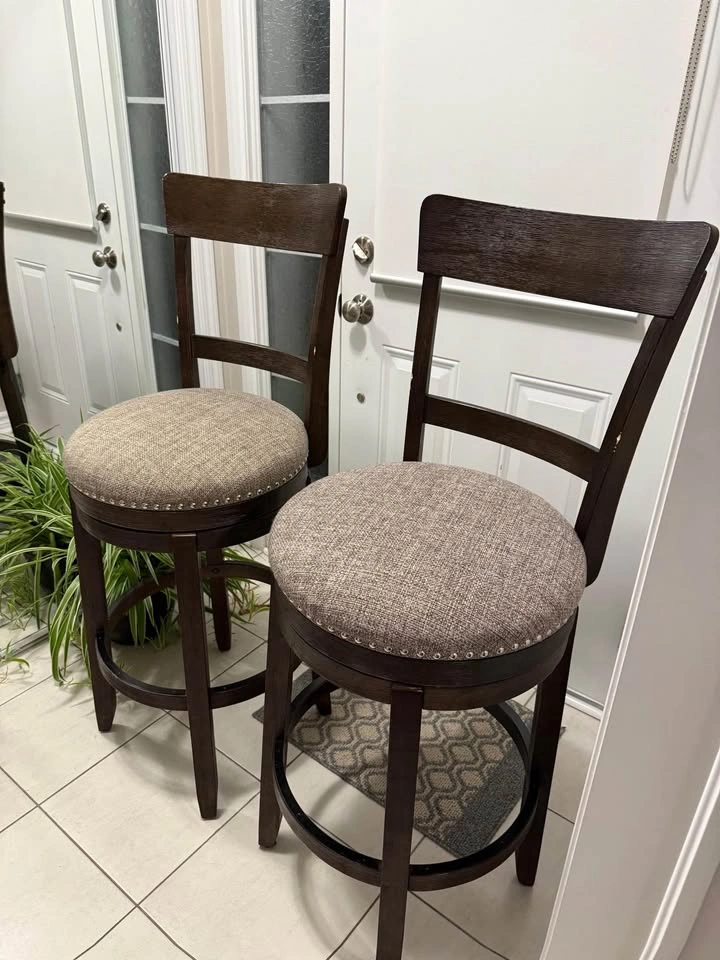 2 Modern Dark Wood Swivel Bar Stools (Fabric Seats) - Ashleys - photo 2