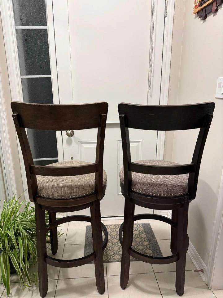2 Modern Dark Wood Swivel Bar Stools (Fabric Seats) - Ashleys - photo 3