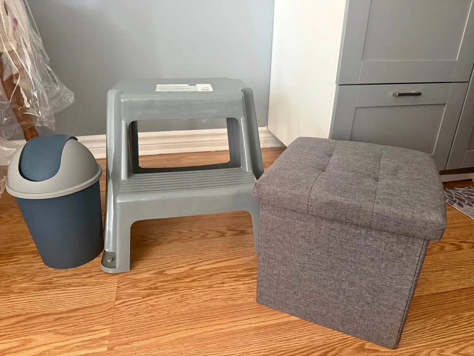 2-step stool, foldable storage ottoman, and trash bin
