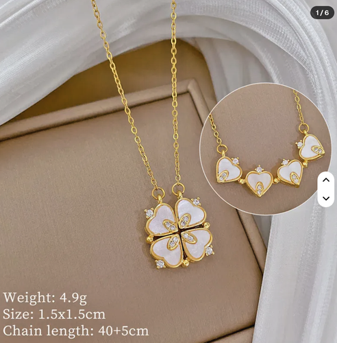 Gold Four Leaf Clover Magnetic Folding Heart Crystal Necklace