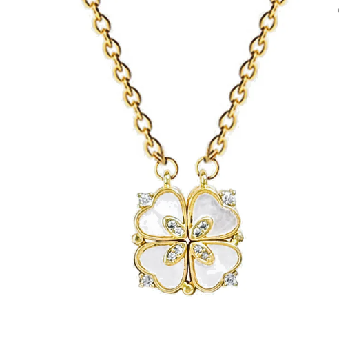 Gold Four Leaf Clover Magnetic Folding Heart Crystal Necklace - photo 4