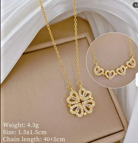Gold Four Leaf Clover Magnetic Folding Heart Crystal Necklace - photo 5