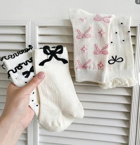 Women 3D Bow Mid-Calf Socks One Size Cream Black Cute
