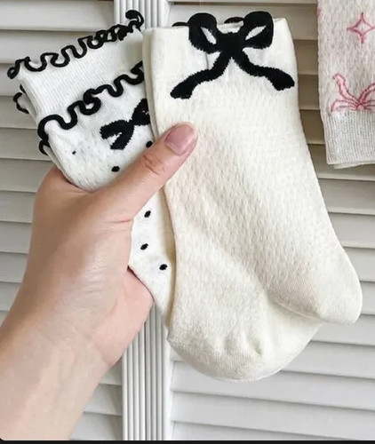 Women 3D Bow Mid-Calf Socks One Size Cream Black Cute - photo 3