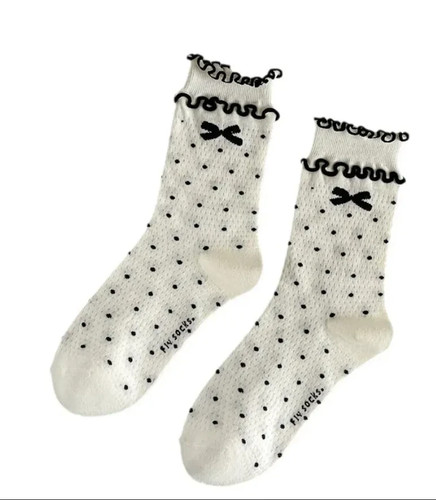 Women 3D Bow Mid-Calf Socks One Size Cream Black Cute - photo 4