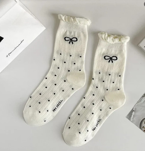 Women 3D Bow Mid-Calf Socks One Size Cream Black Cute - photo 5