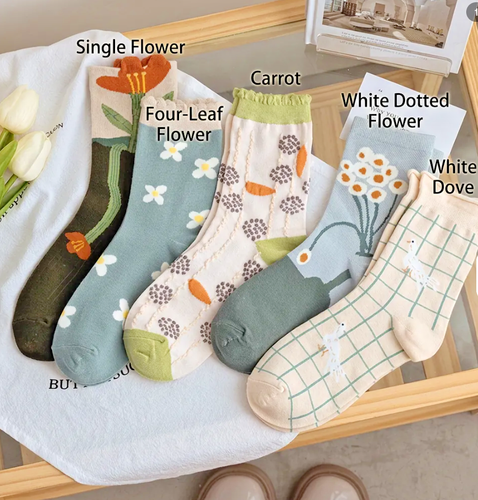 Floral Crew Socks Women 4 Designs Clover Dove Flower Spotted
