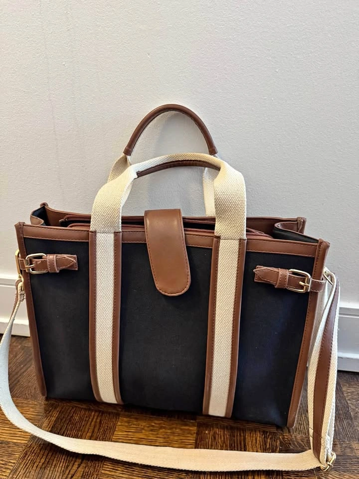 Canvas Laptop Tote Bag with Faux Leather Trim