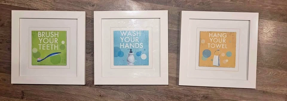 3 12x12 bathroom themed framed pictures