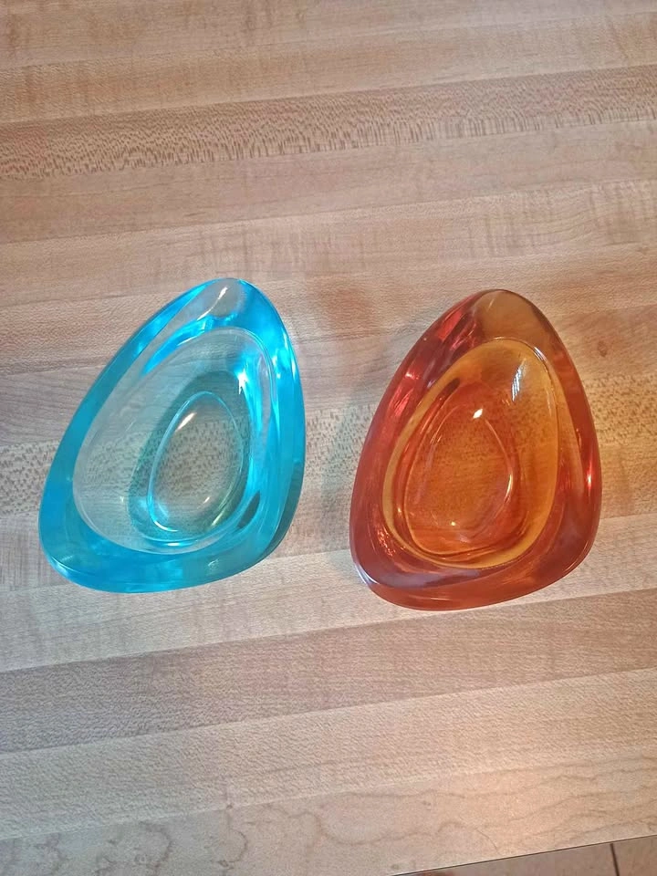 2x Vintage MCM Thick Glass Ashtrays/Trinket Bowls Amber + Aqua