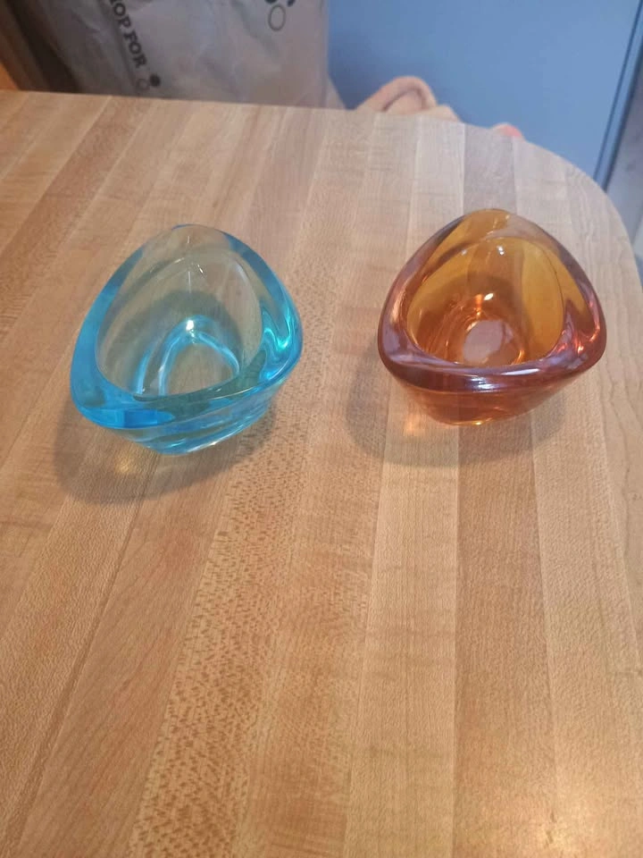 2x Vintage MCM Thick Glass Ashtrays/Trinket Bowls Amber + Aqua - photo 2