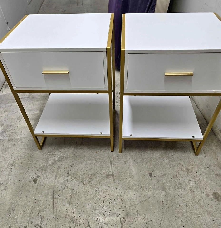 Set of 2 Modern White & Gold Nightstands / Side Tables