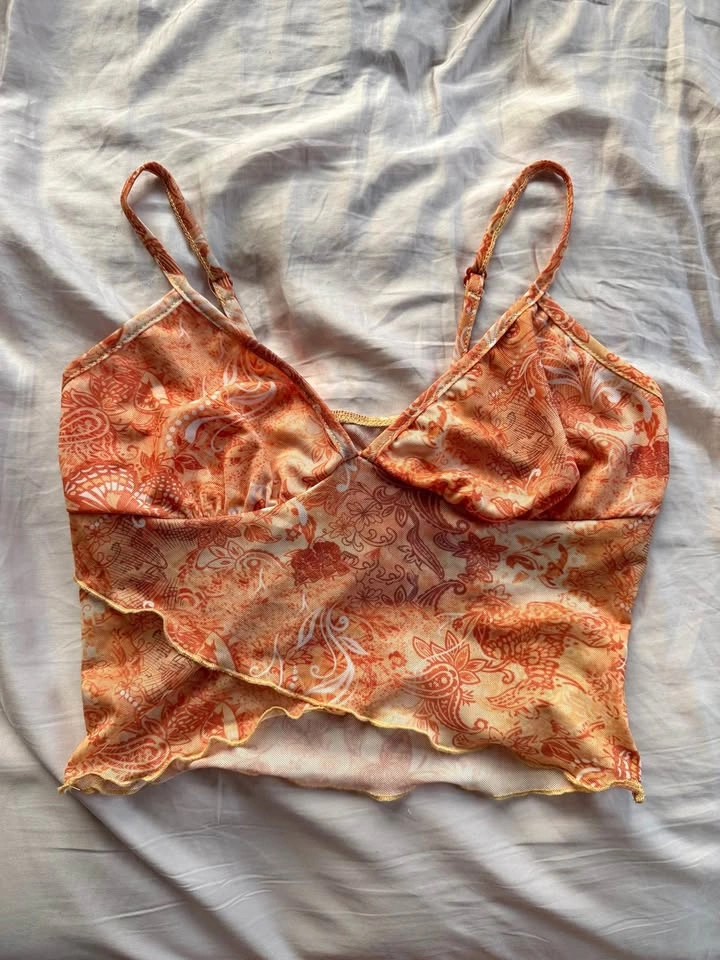 thrifted orange patterned mesh cami