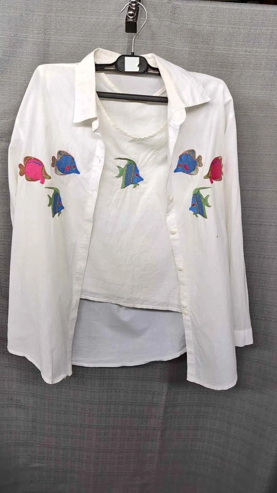 White Two-Piece Embroidered Tropical Fish Shirt and Tank Set