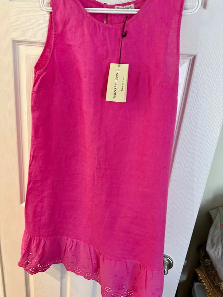 Terzo Millennio Pink Linen Made in Italy Eyelet Ruffle Dress