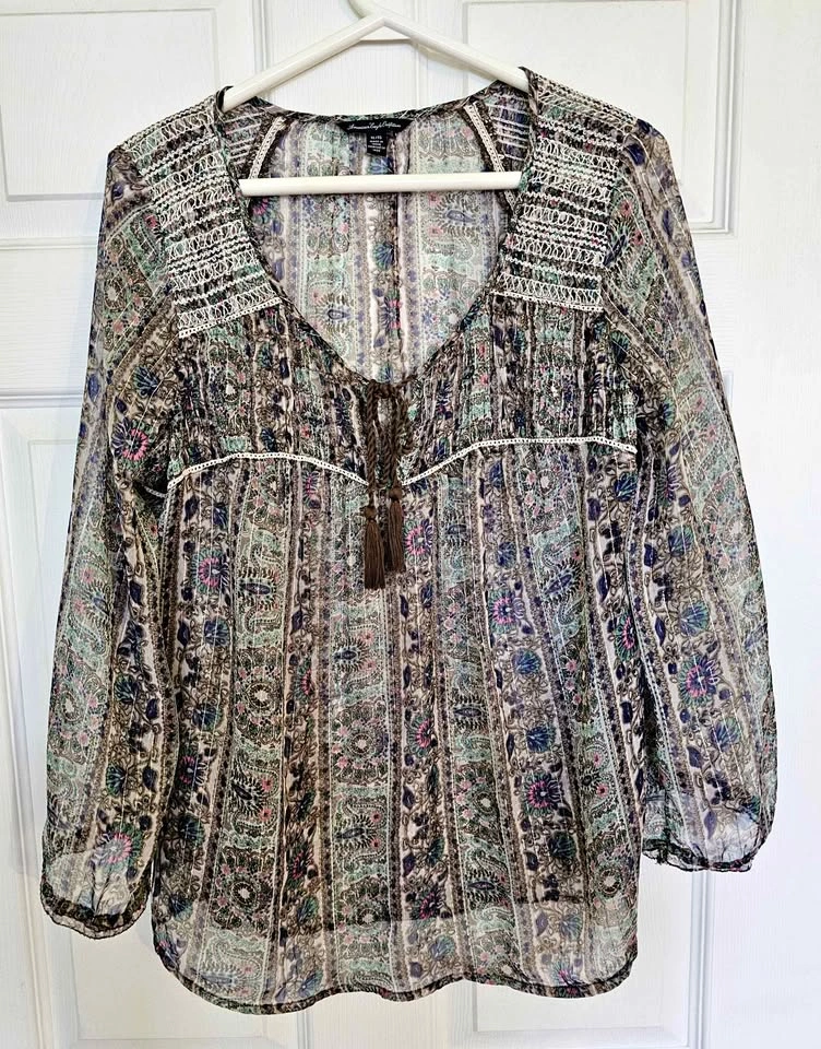 American Eagle Outfitters Women's Paisley Boho Tassel Blouse - S